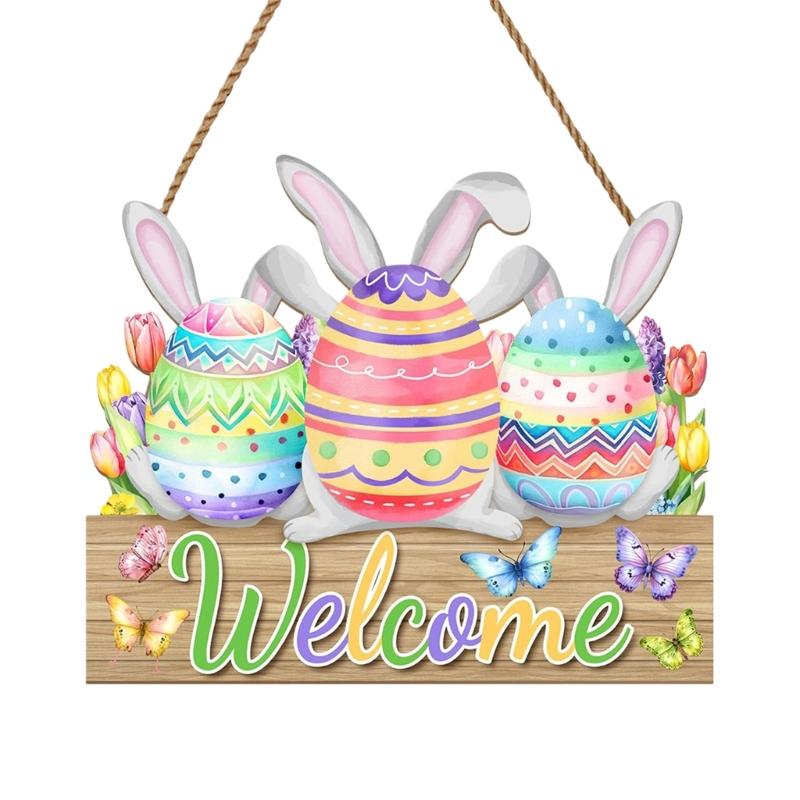 Easter Wooden Welcome Sign with Spring Flowers Rabbit Designs for Door Decoration Hanging Ornament