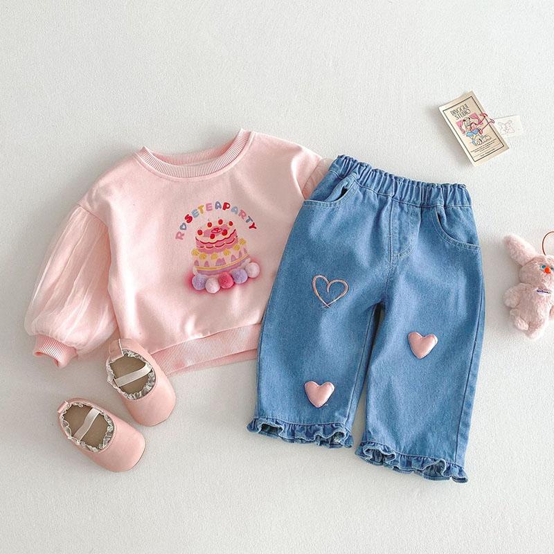 Girls' Denim Pants  Korean Style Heart Print Jeans for Kids 0-5 Years Casual Baby Pants