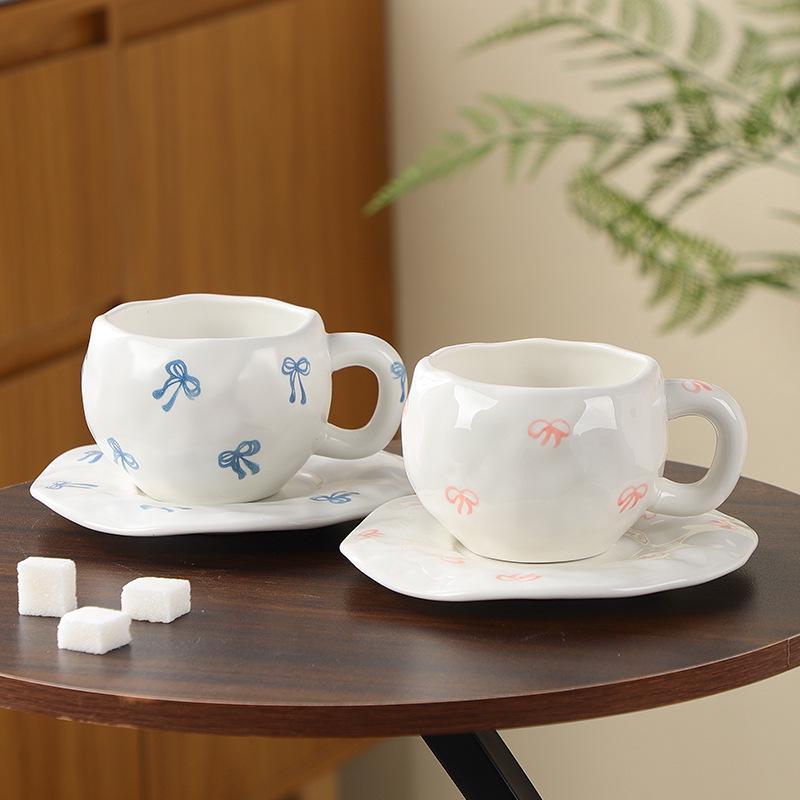 Korean Hand-Painted Ceramic Cup & Saucer Set - Creative Irregular Design for Coffee & Tea