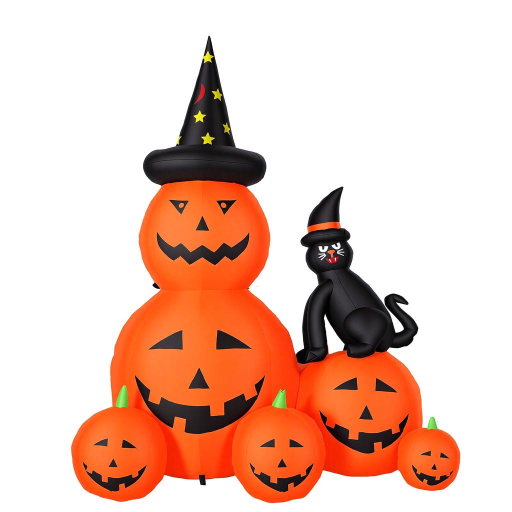 Inflatable Stacked Pumpkin with Witch Hat and Black Cat 5.9FT Holiday Blow Up Pumpkins Yard Decoration with Light for