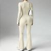 Women’s Long Sleeve Zip Up Ribbed Jumpsuit One Piece Flared Pants Fitted Stretchy Collar Bodysuit for Daily Wear