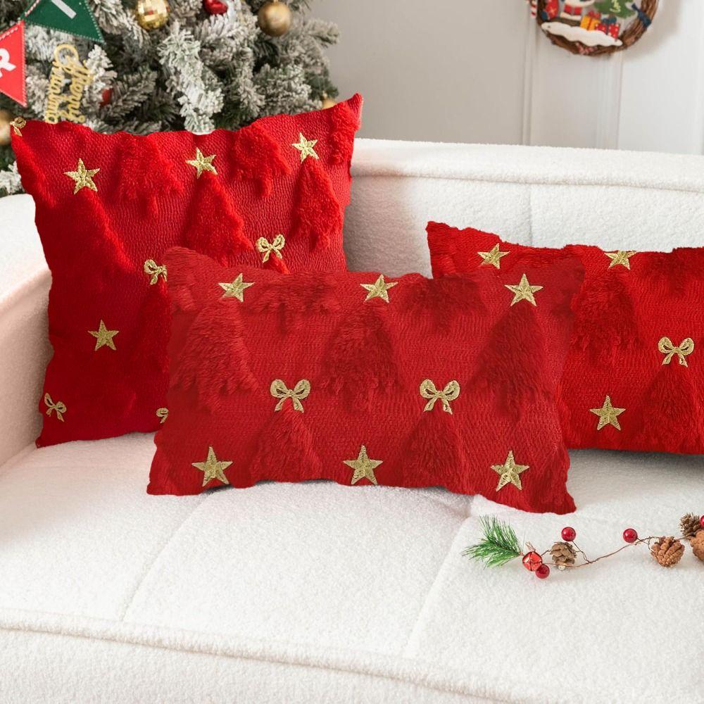 1PC Short Christmas Pillow Cover Soft Comfortable Xmas Tree Pillowcase Embroidered Bowknot Five-pointed Star Cushion Slipcover