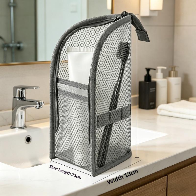 Kompakte atmungsaktive Netz-Reise-Kulturbeutel mit Standdesign und Aufbewahrungstaschen für Handgepäck