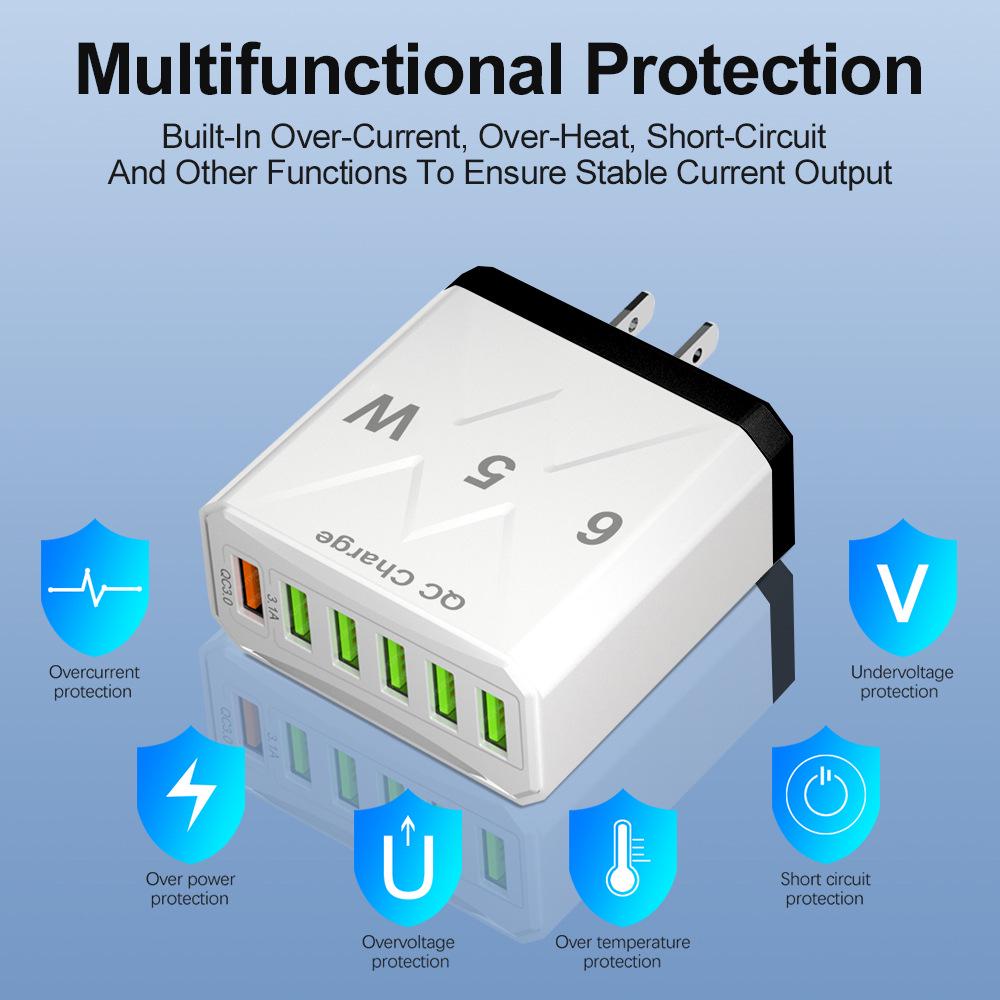 65W High-Power 6-Port USB Fast Charger for Mobile Phones (US/EU/UK Standard)