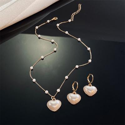 Pearl Heart Shape Elegant Jewelry Sets For Women French Pendant Necklace Drop Earrings