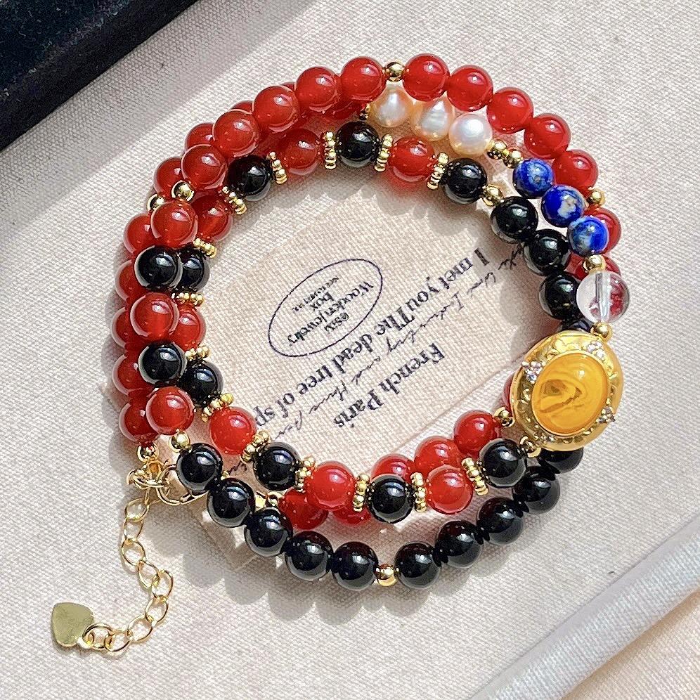 Wind 6mm Autumn and Winter Natural Carnelian Black Agate Freshwater Pearl Lapis Lazuli Sweater Chain Necklace Clavicle Chain