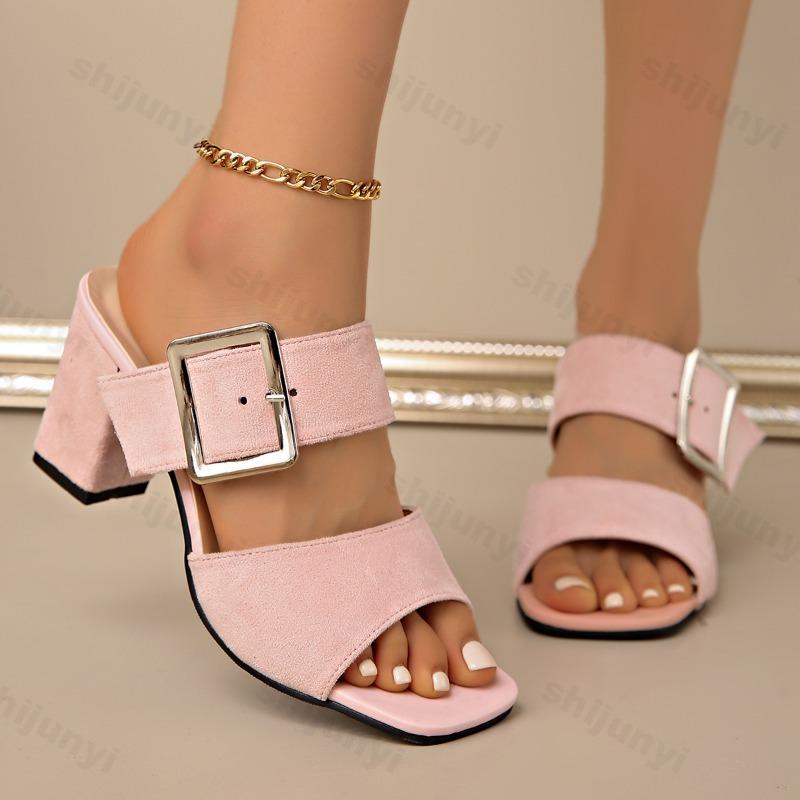 Fashion Solid Color Buckle Strap High-heeled Sandals for Women Summer 2025 Thick Heel Open Toes Breathable Comfortable Fashion Slippers
