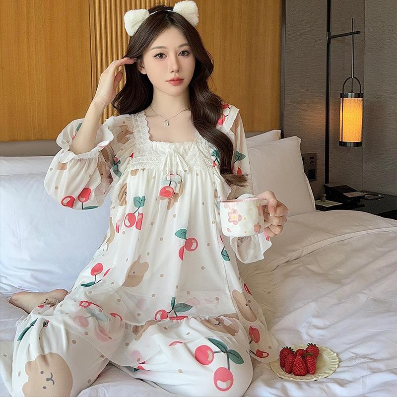 Ling Lei Spring And Autumn Printed Square Neck Lace Lace Sweet Loose Princess Wind Mesh Pajama Set Loungewear