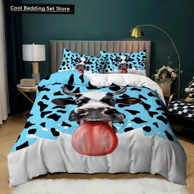 Copripiumino Mucca da Latte King Queen Size Carino Cartone Animato Mucche Set Biancheria da Letto per Bambini Fattoria Rustico Animale 2/3pz Poliestere Coperta Trapunta