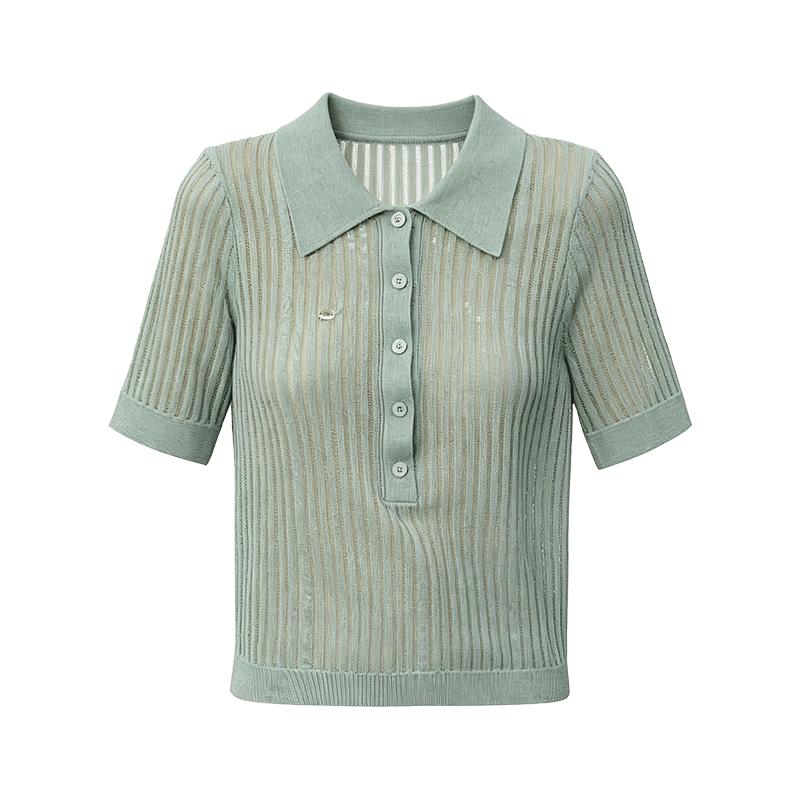 GREEN BELT Striped Slim Fit Polo Knit Top L