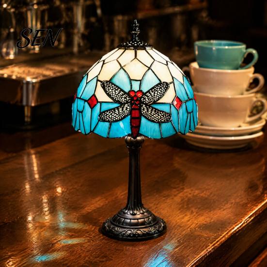 Vintage Style Table Ornament Tiffany Dragonfly Stained Glass Lamp, Blue Bedside Night Light, Handmade Art Lamp Decorative Atmosphere for Bedroom