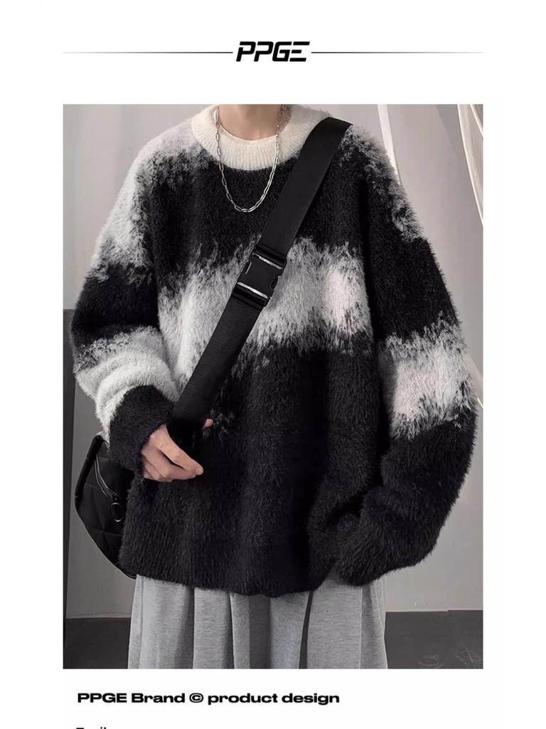 Sweat à capuche pelucheux pour homme - Blocs de couleurs rétro, chaud pour l'hiver, pull en maille ample