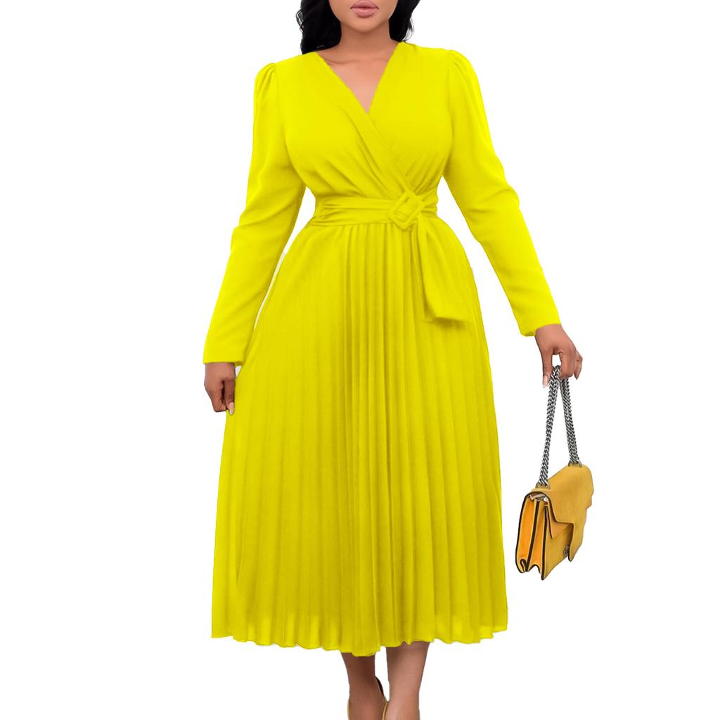 Large Size Women Fashion Solid V Neck Long Sleeves Dress Ladies Elegant One Piece Lace Up Slim Pleated Dress