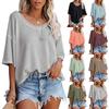 2024 Damen Sommer V-Ausschnitt Fledermausärmel Waffelstrick Kurzarm Locker T-Shirt Top