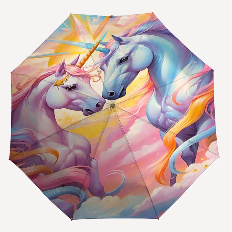 1PC Unicorns Fantasy Automatic Open/Close Umbrella Compact Folding Umbrella with 8-Rib Shaft lightweight esign, Highquality Fabric1188A