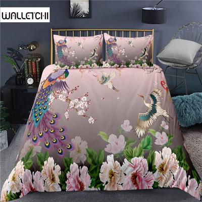 Peacock Duvet Cover , Plum Blossom Decor Bedding Set King Size Crane Peacock Feather Floral Pattern Romantic Quilt Cover