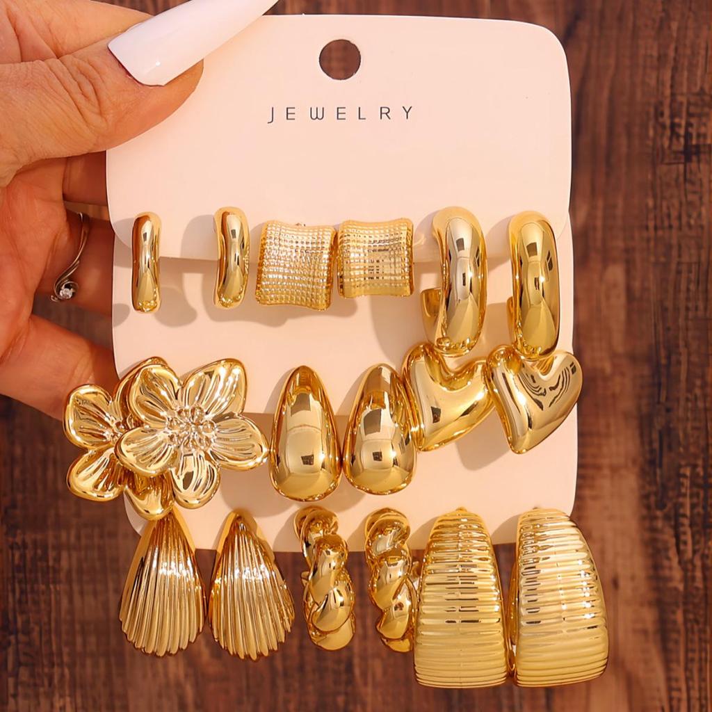 Women's Geometric Gold Teardrop and Twist Earring Set (3-9 Pairs)