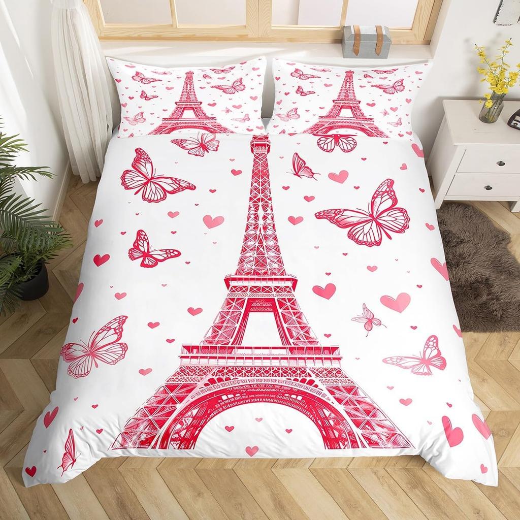 Vintage Eiffelturm Doppel-King Bettbezug, Romantisches Paris Blumen Bettwäsche-Set für Kinder Erwachsene, Französischer Stil Blumen Bettdeckenbezug