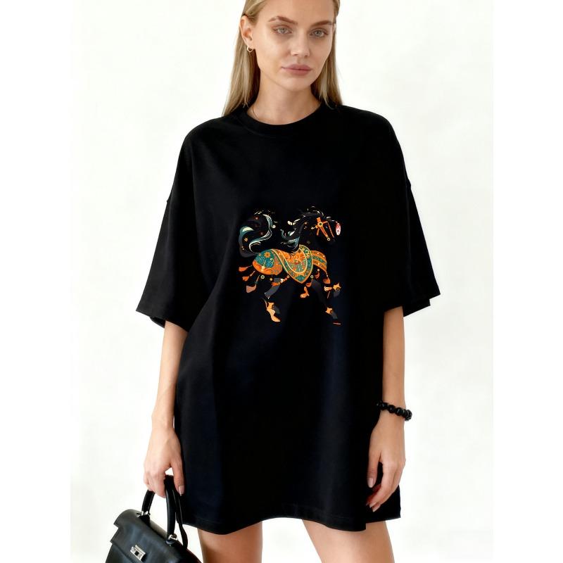 Übergroßes T-Shirt Schwarz Bunter Pferdeprint Für Freizeitkleidung
