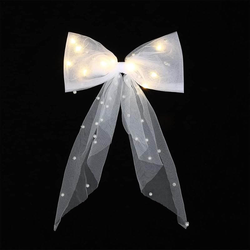 Jeairts Led Veil Bridal Bow Clip Pearl Wedding Hair Piece Glowing White Tulle Bow with Clip Bachelorette Party Hair Accessories for Women and Girls