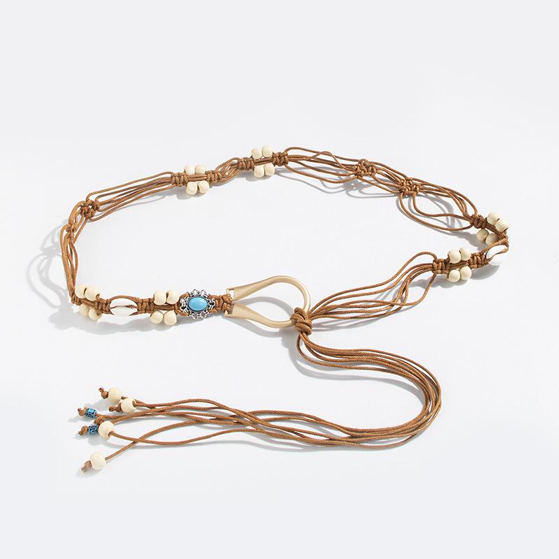 Boho Belt Knotted Ethnic Style Handmade Wooden Beads and Shells Women's Belt Leisure Vacation Style Exquisite Waist Rope