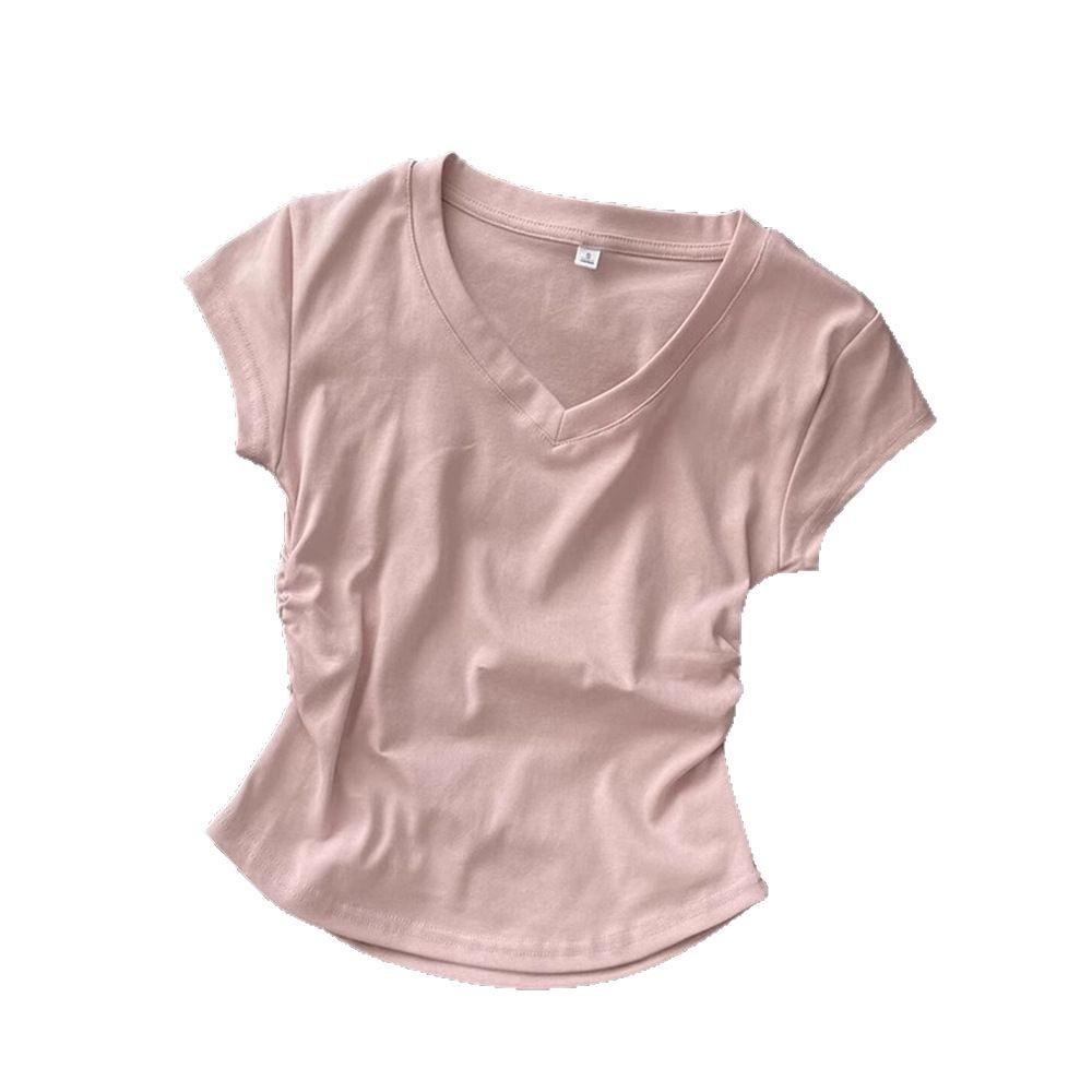 Cotton Blue Shoulder Short Sleeved T-shirt for Women In Summer, Slim Fit and Stylish, Pleated Waist Cinching Short T-shirt Top