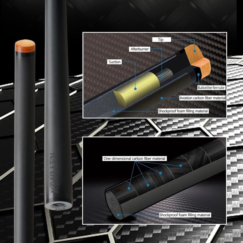 KONLLEN Carbonfaser Pool Queue, 58 Zoll Billard Queue, Professioneller Low Deflection Pool Queue mit 10,5mm/11,5mm/12,5mm Spitze