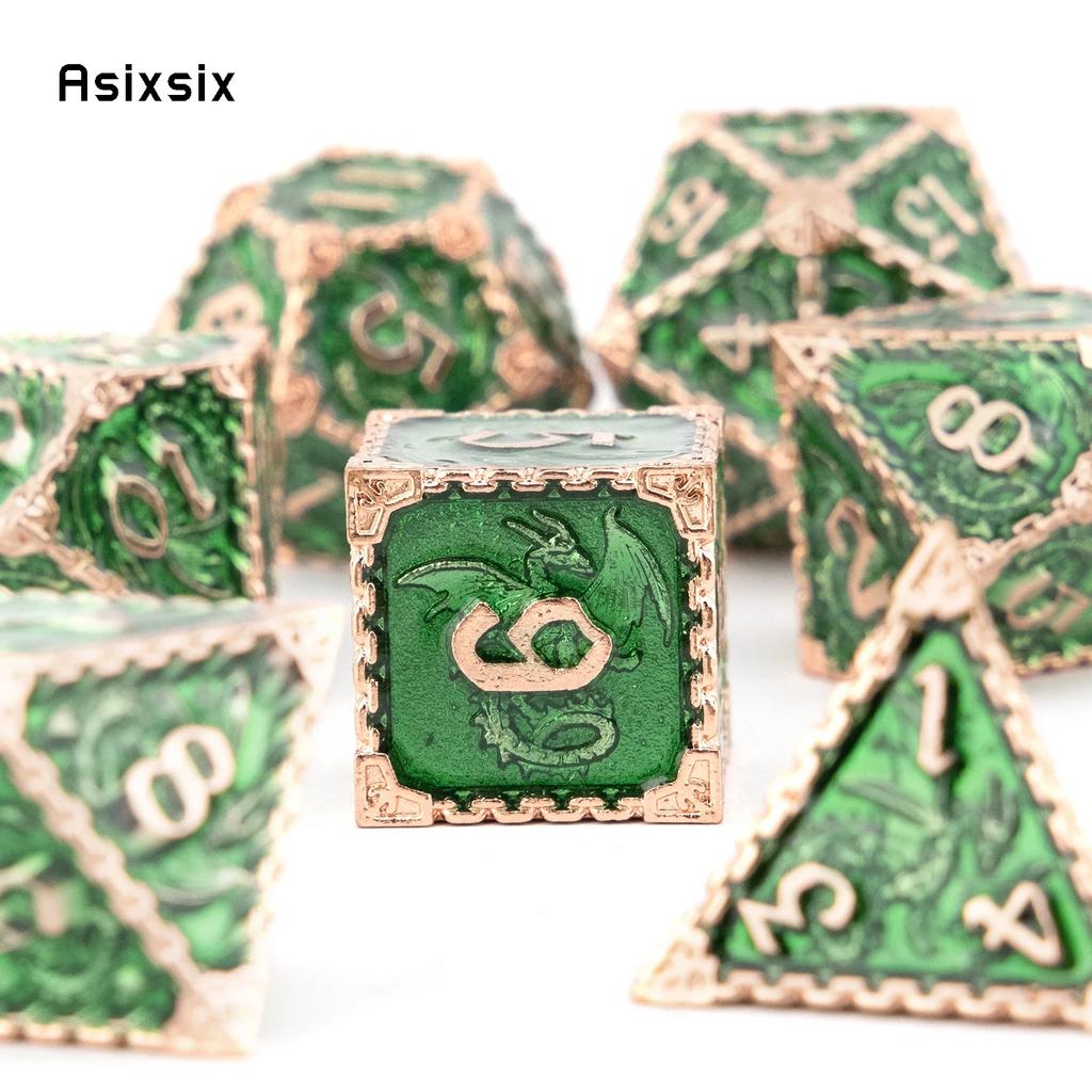 7 Pcs Green Golden Dragon Metal Dice Solid Metal Polyhedral Dice Set Suitable For Role-Playing Dice PropBoard Game Gift