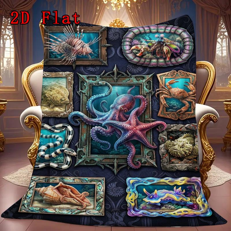 Ocean 2D Flat Pattern Flannel Blanket, High quality All Seasons, Home Decor, Warmth and Comfort, Perfect for Christmas Gifts.