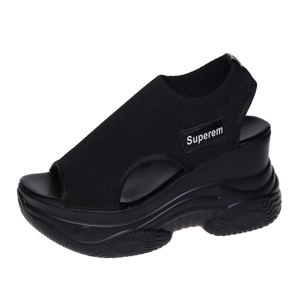 

Летние новые трикотажные женские сандалии с завышенной талией и резинкой Fish Mouth Muffin Bottom 34 чёрный