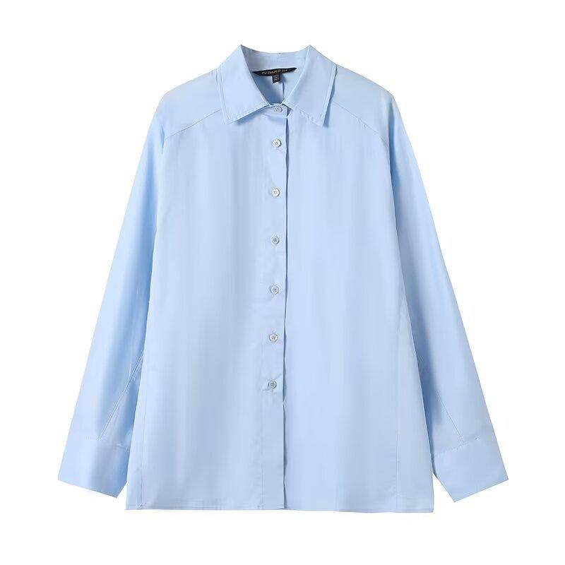 European and American style, new women s clothing, foreign style French intelligent commuter style pure cotton shoulder sleeve shirt S светло-синий