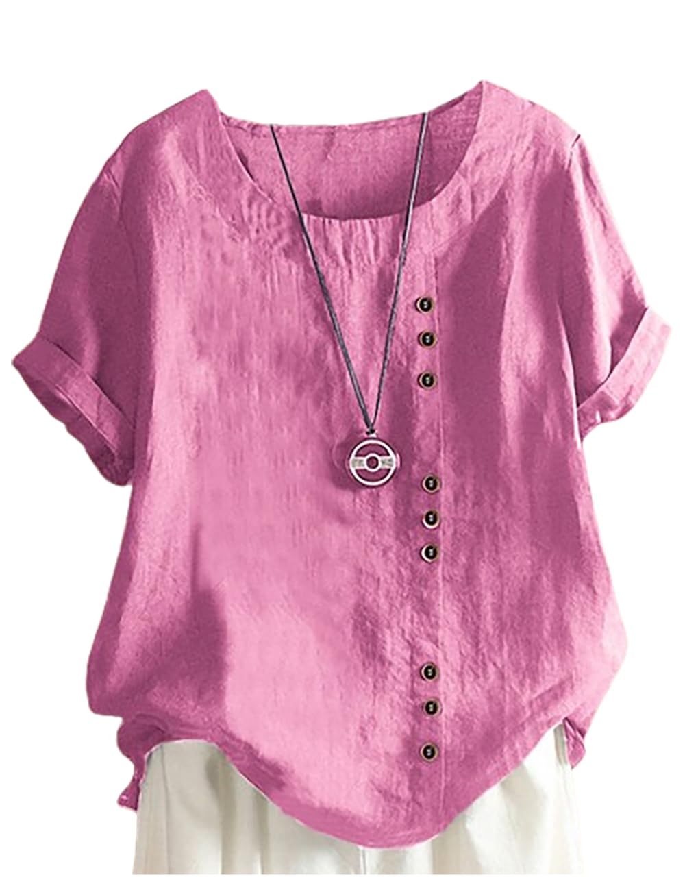 

Short Sleeve Solid Simple Cut and Sewn Available in 7 Sizes All Year Sleeve White Crew Soft and Stylish Purple M-Sing Linen-Look Blouse, Color, фиолетовый