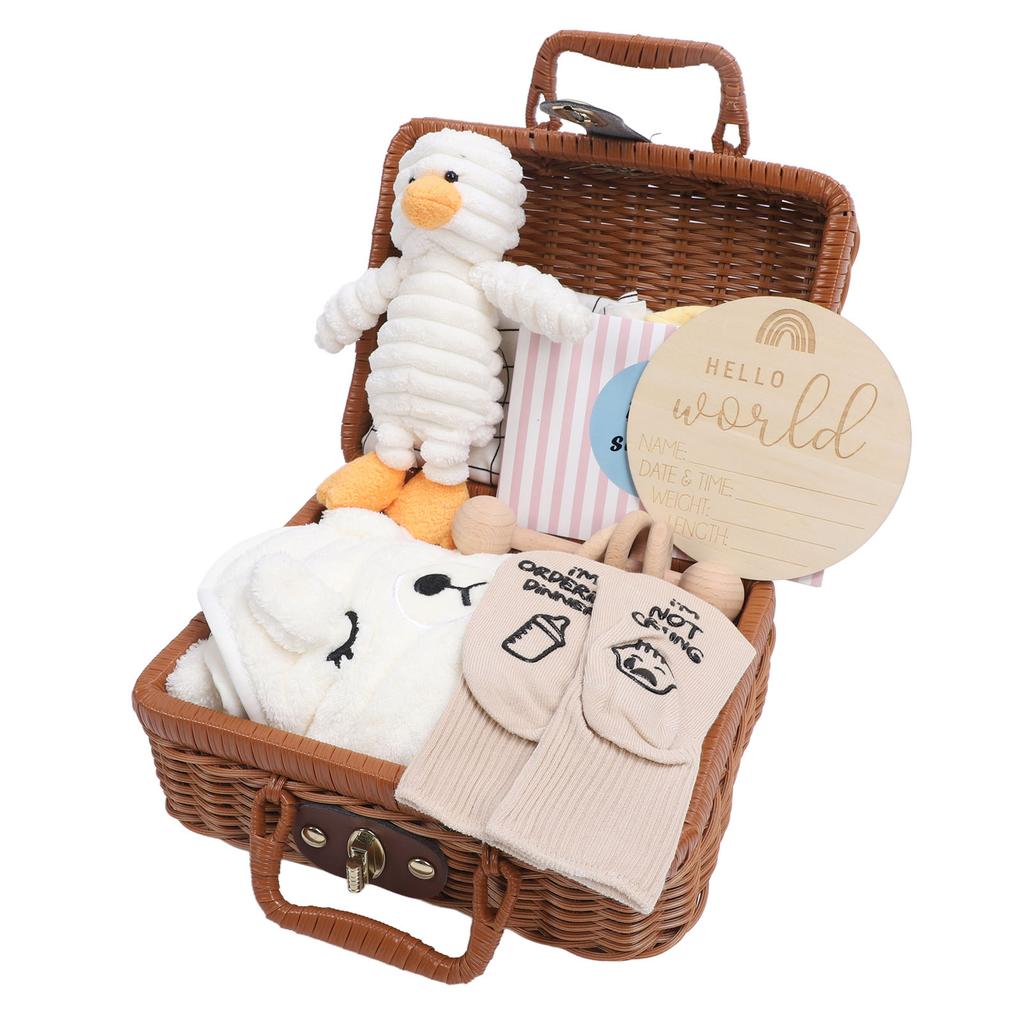 Baby Shower Gifts Basket Including Clothes Cute Doll Wooden Rattle Toy Funny Bibs Socks Greeting Card Newborn Baby Gifts Set White