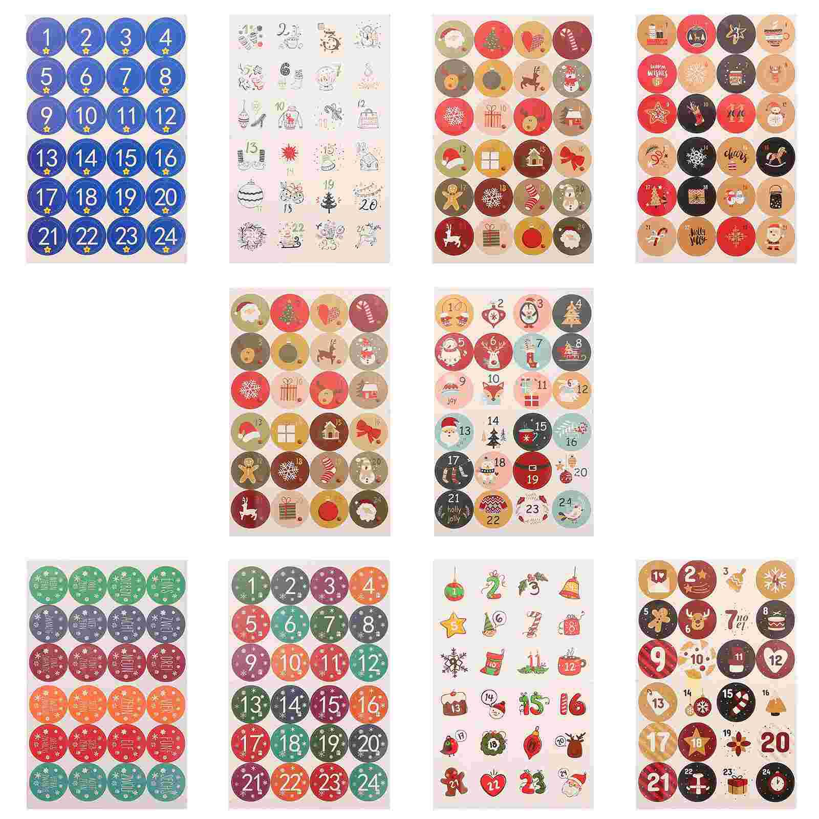 

10 листов рождественских подарочных наклеек Адвент-календарь бирки с цифрами этикетки цветная самоклеящаяся упаковка 31X20CM