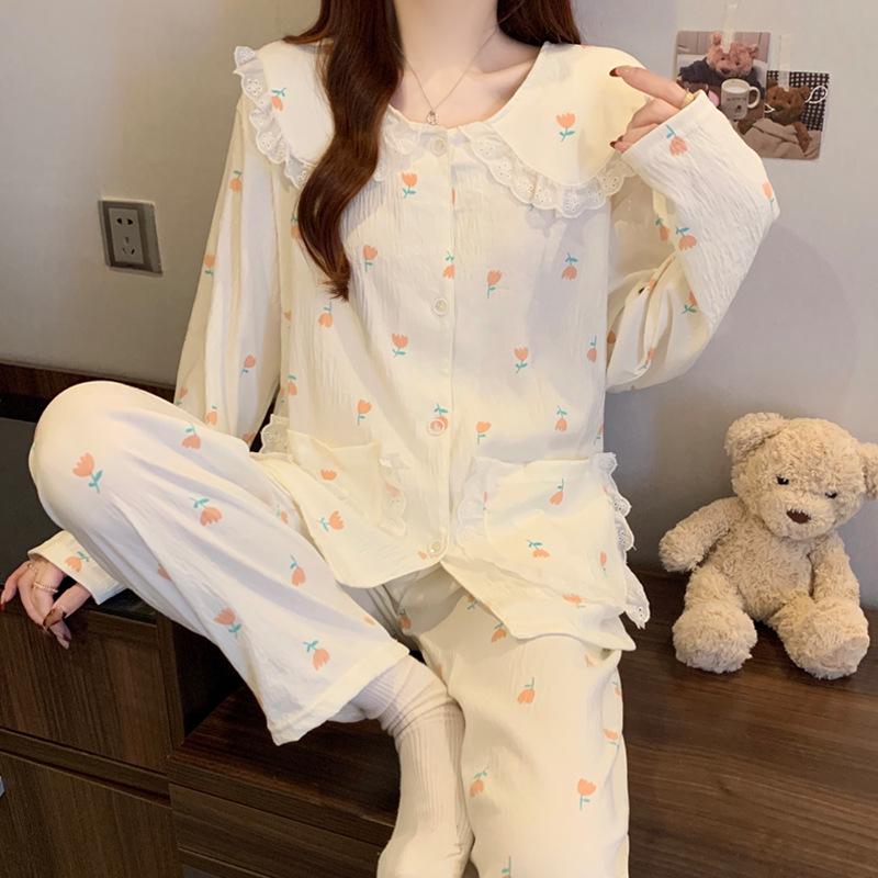 Women's Cartoon Lace Peter Pan Collar Cotton Pajamas - Long Sleeve, Spring/Fall, Winter Style