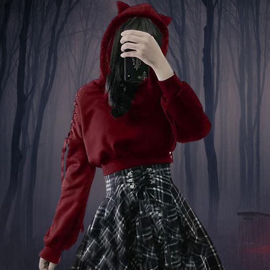 Jesień damska luźny krój Halloween sportowa bluza z kapturem drążona sznurowana zimne ramię z długim rękawem dekoracja ucha kota bluza z kapturem krótka bluza