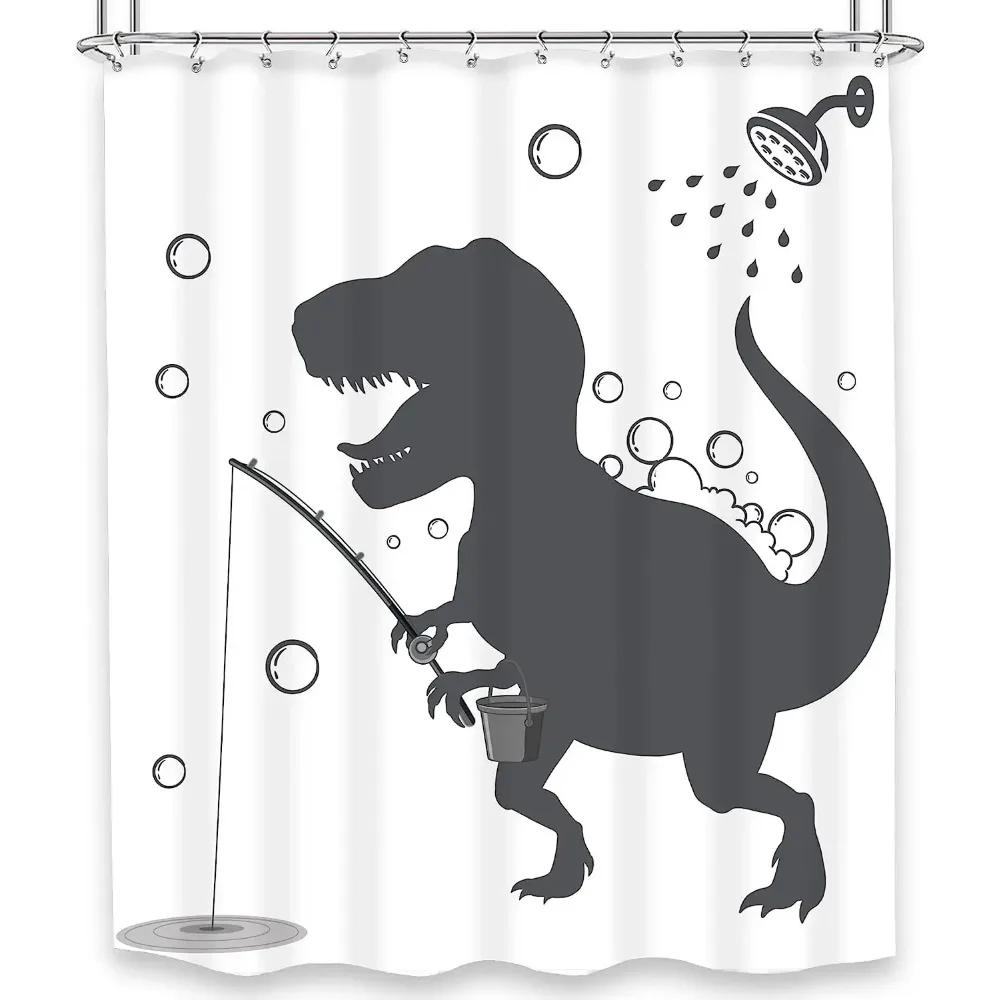 Dinozaur Śmieszny Dino Dzieci Zasłony Prysznicowe Zestaw Łazienkowy Chłopcy Zwierzę Cień Dziewczynki Kreskówka Sylwetka Czarno-Biała Sztuka Dekoracja Łazienki