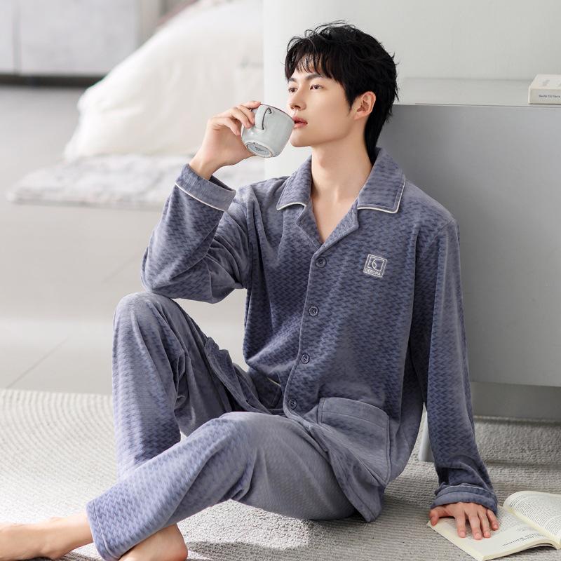 Autumn And Winter Pajamas Men'S Coral Fleece Thickened Fleece Spring And Autumn Warm Thin Island Fleece Large Size Loungewear Set