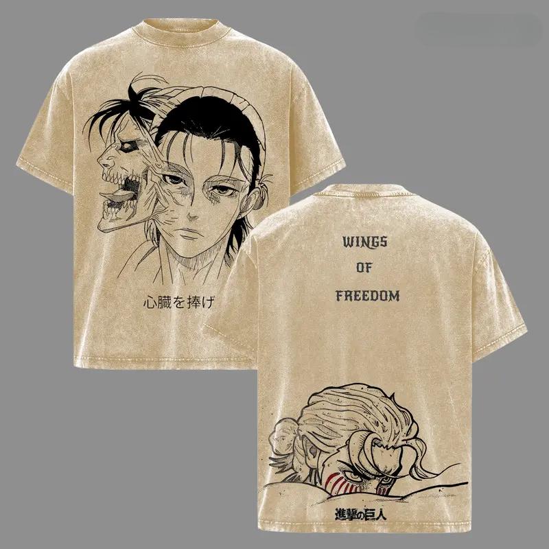 Hot Anime Attack On Titan Eren Jaeger Graphic Tee Men Short Sleeve Clothing Washed Cotton Tshirt Casual T-shirt Harajuku T Shirt