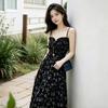 Gentle wind coffee break French black floral suspender dress with skirt, early spring new split-ended long dress