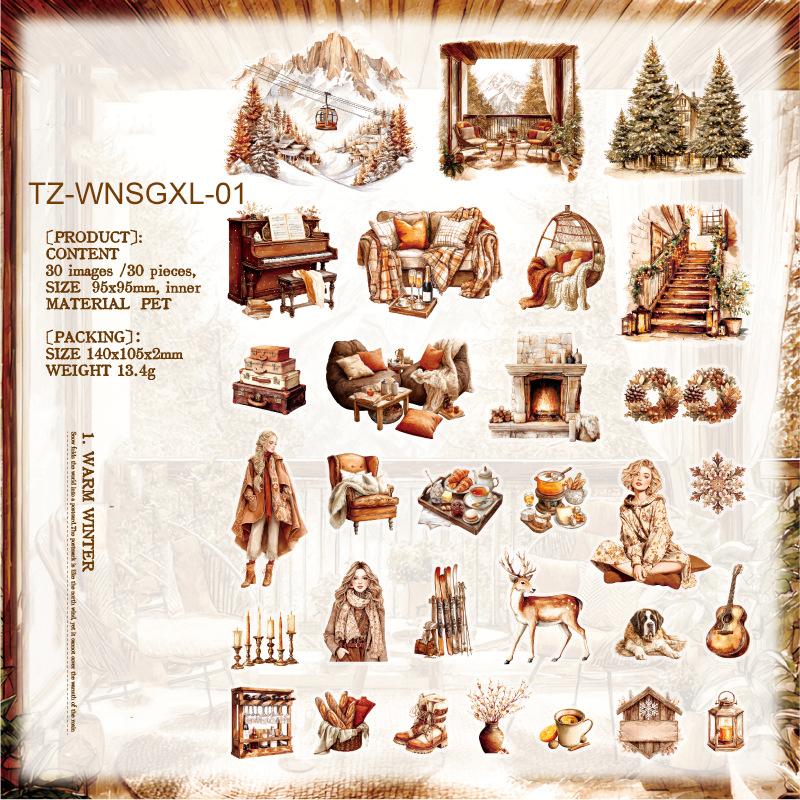 

JIANWU Warm Moment Series Vintage Winter Snow House Character Landscape Material Collage PET Sticker Creative Journal Stationery