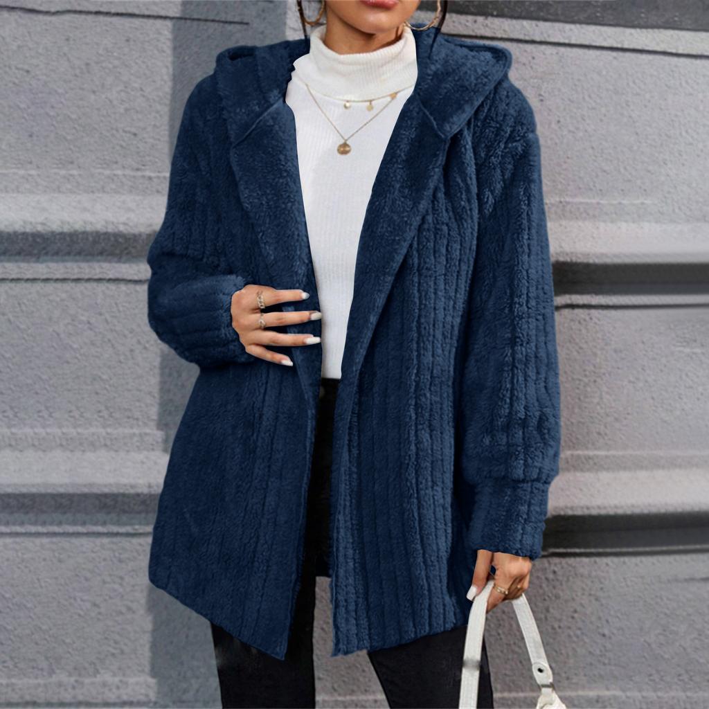 Damenmode Lässig Warm Vertikal Gestreift Doppelseitiges Fleece Kapuzen-Cardigan Jacke