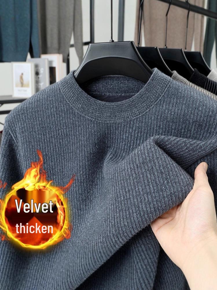 2025 Winter Men's Plus Velvet Round Neck Sweater: Casual, Simple, Warm Knitwear for Middle-Aged Comfort