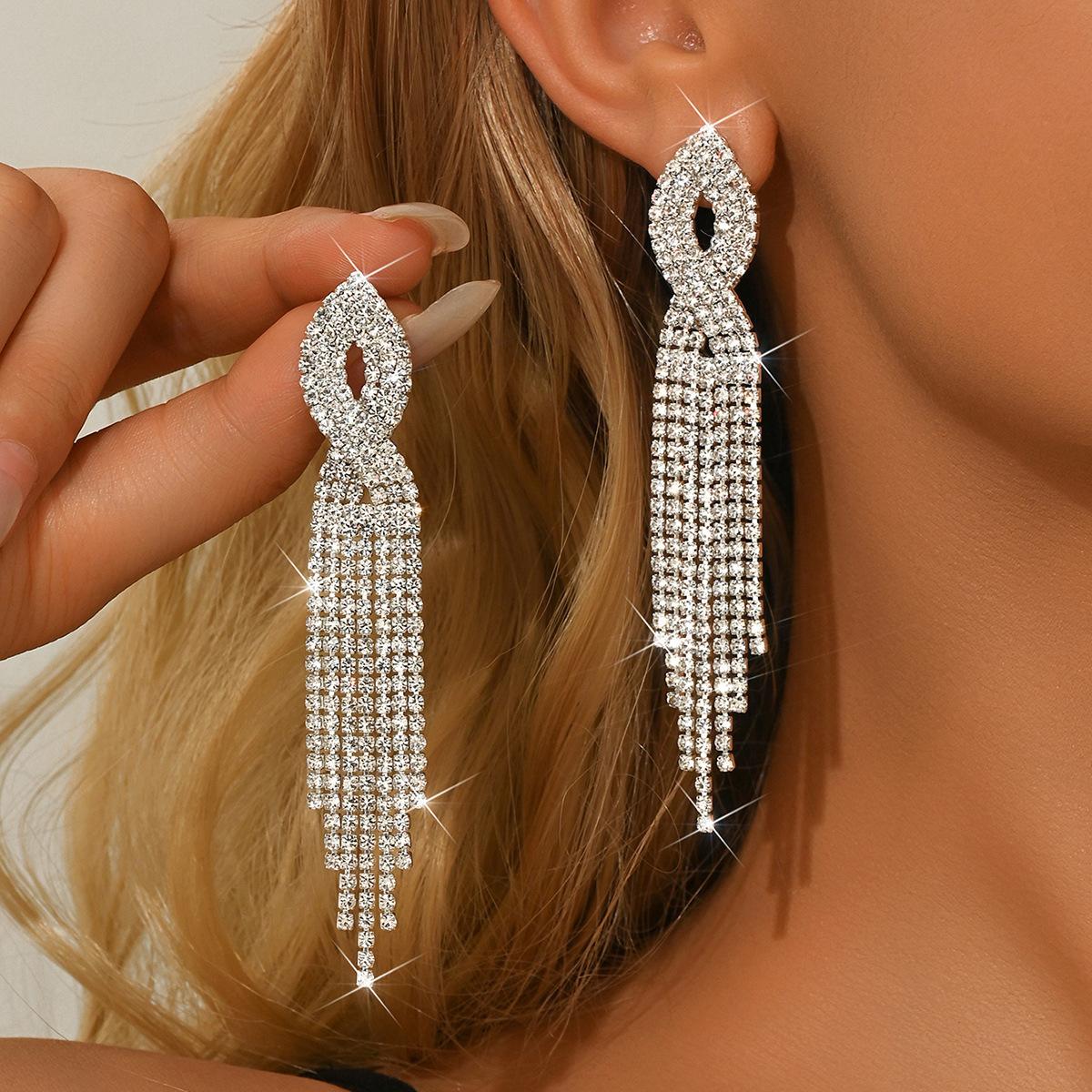 Cross Long Fringed Rhinestone Earrings Bridal Wedding Stage Atmosphere Exaggerated Earrings