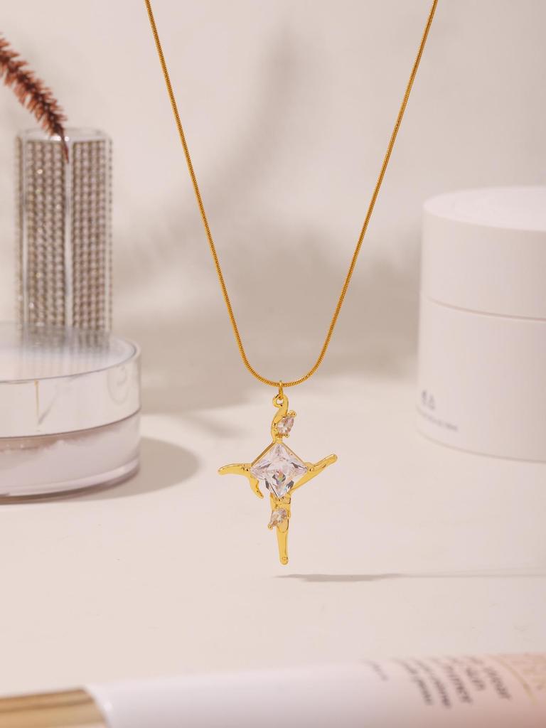 Qiong Yao Luxury Shimmering Star Zirconia Necklace with Personalized Stainless Steel Clavicle Chain, PVD Gold Plated.