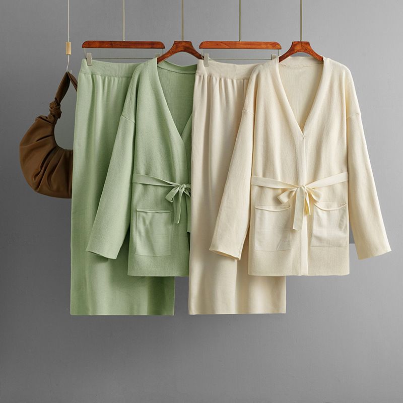 Fashion Set Women Autumn and Winter V-neck Loose Knitted Lace-up Cardigan Outerwear + Skirt Two-piece Set