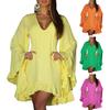 Women V Neck Flared Long Sleeve Mini Dress Solid Color Irregular Ruffle Hem Solid Color Casual Short Vacation Dress