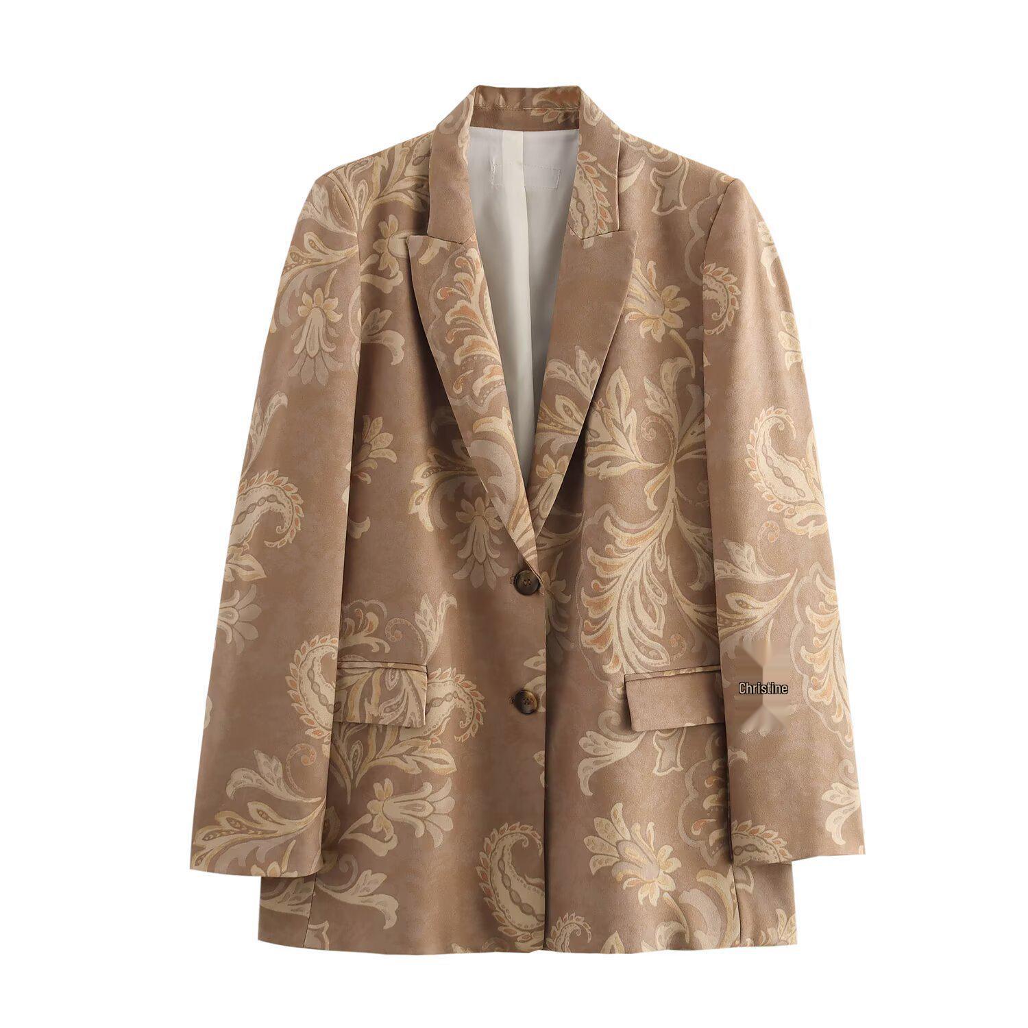 

Женский европейско-американский приталенный пиджак с принтом, с подплечниками, отложным воротником и карманами, весна 2025 Medium