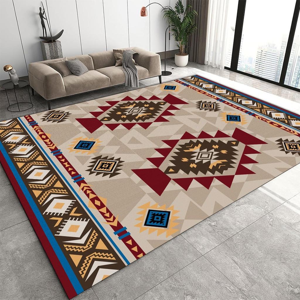 Totem Pattern Ethnic Geometric Carpet - Living Room Carpet Decoration Bohemian Style Bordered Colorful Geometric Floor Carpet