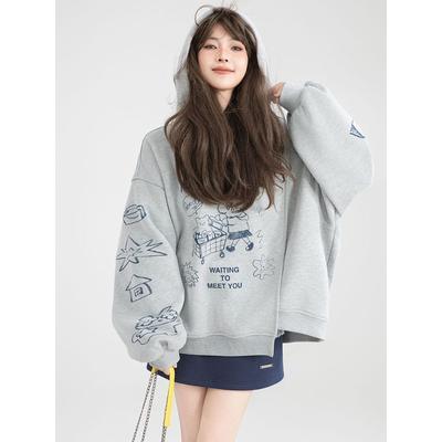 Gorro de Doble Capa 2025 Primavera Otoño Invierno Estampado Graffiti Sudadera Gris Diseño Nuevo para Mujer Top Holgado Chaqueta con Capucha